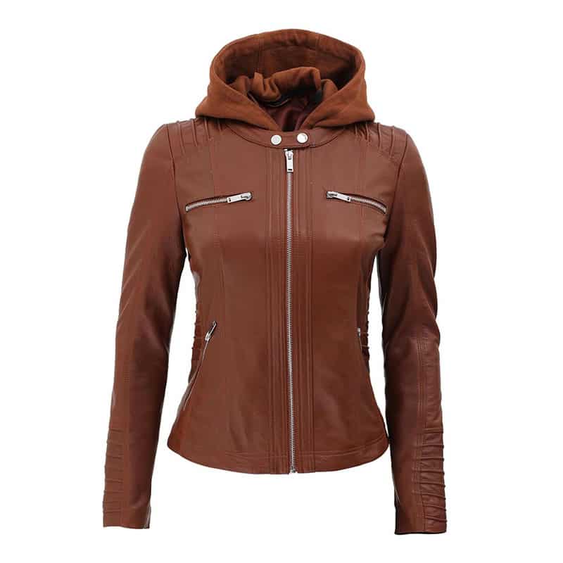 Women's Slim Fit Brown Hooded Leather jacket for women