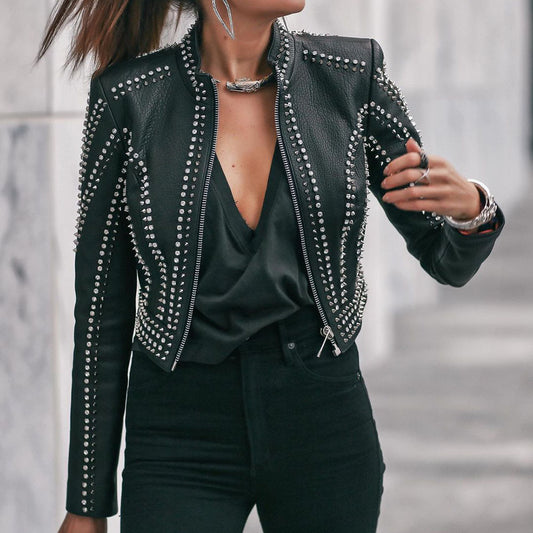 Women Slim Sexy PU Leather Jacket Rivet Zipper Long Sleeve