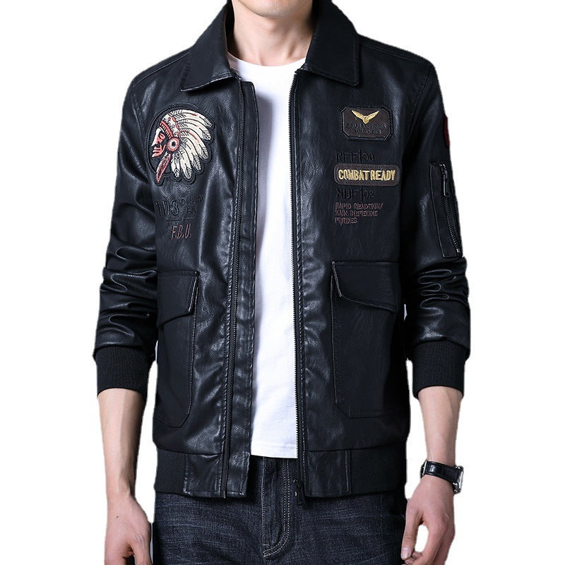 Men's Leather Jacket With Lapel Embroidered Leather