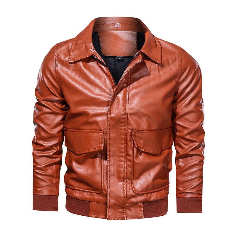 Thin Men's Lapel Large Pocket Leather Jacket Motorcycle Leather Jacket