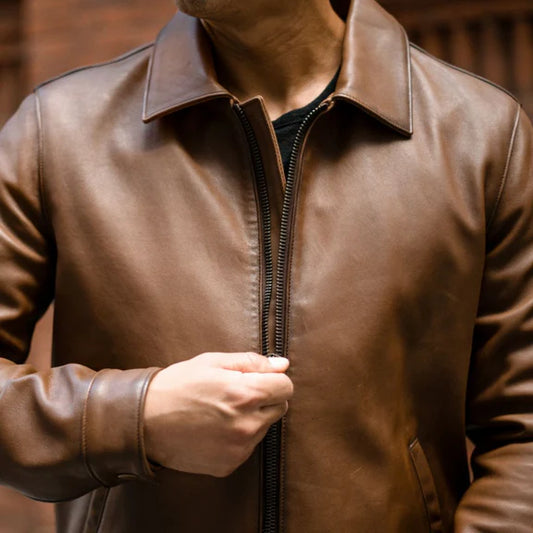 Classic brown leather jacket simple leather jacket for men