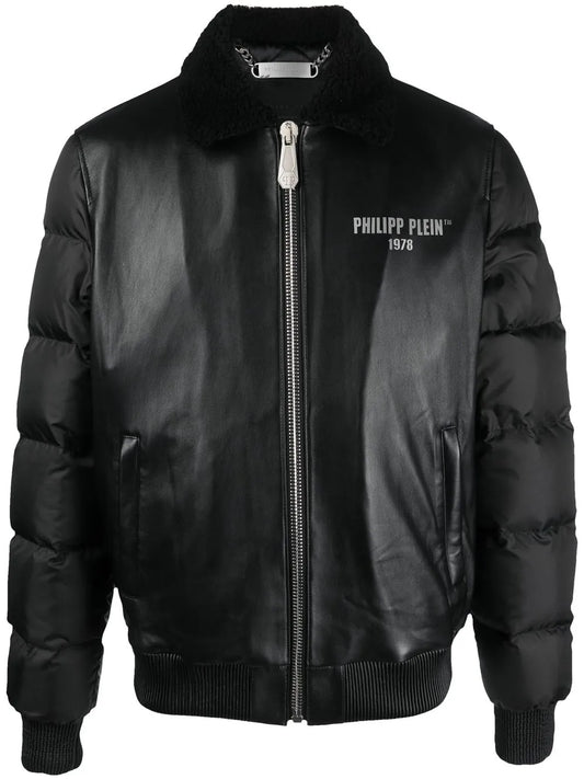 Classic Padded  Leather Jacket with Stand Collar and Functional Pockets