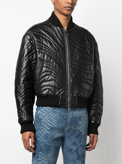 Men’s Stylish Leather Bomber Jacket with Quilted Stripes