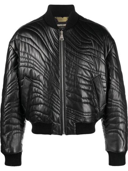 Men’s Stylish Leather Bomber Jacket with Quilted Stripes