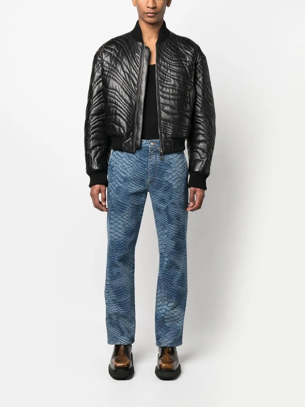 Men’s Stylish Leather Bomber Jacket with Quilted Stripes