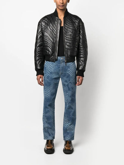 Men’s Stylish Leather Bomber Jacket with Quilted Stripes