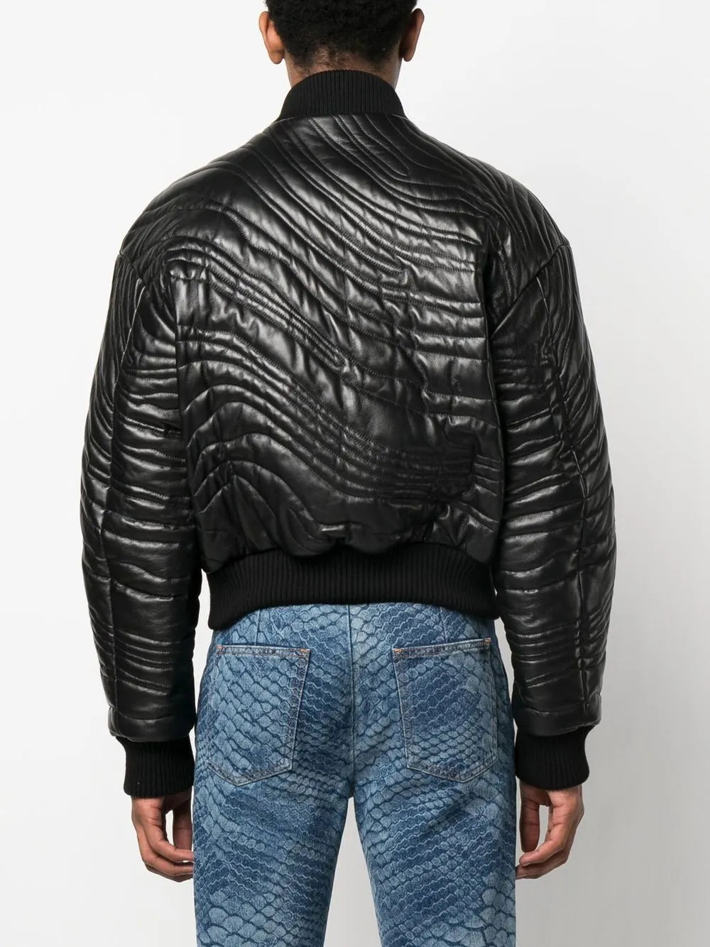 Men’s Stylish Leather Bomber Jacket with Quilted Stripes