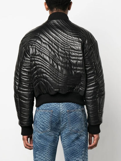 Men’s Stylish Leather Bomber Jacket with Quilted Stripes