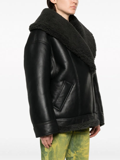 Women's Shearling Lined Black Leather Moto Jacket – Winter Warmth & Style
