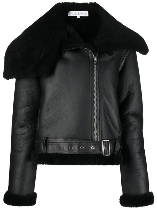 Stylish Leather Biker Jacket with Faux Shearling Accent