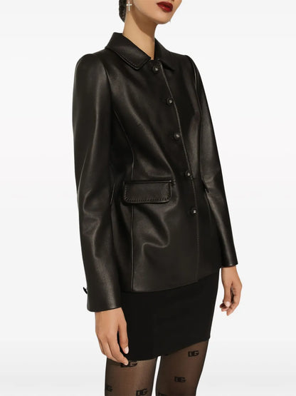 Women’s Leather Jacket with Embossed Button Detailing