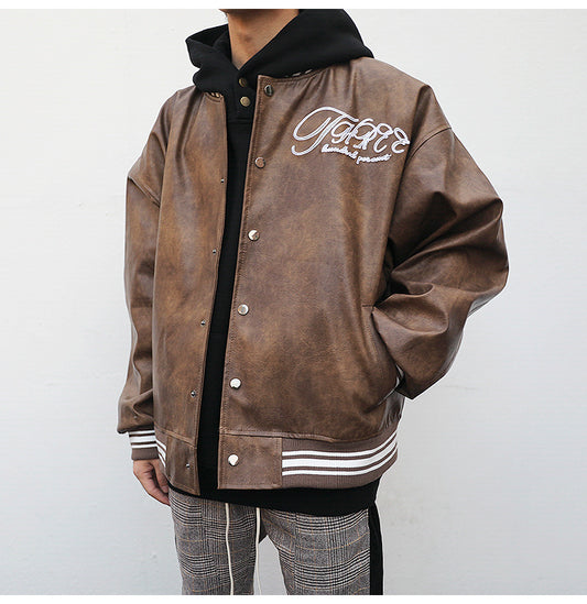 Leather Embroidered Loose Baseball Jacket