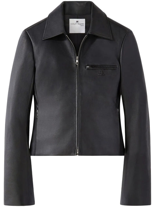 Stylish Short Leather Jacket with Long Sleeves and Front Zipper for Women