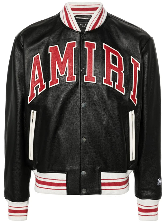 Men’s Classic Black Leather Bomber Jacket with Zip-Up Front and Ribbed Trim