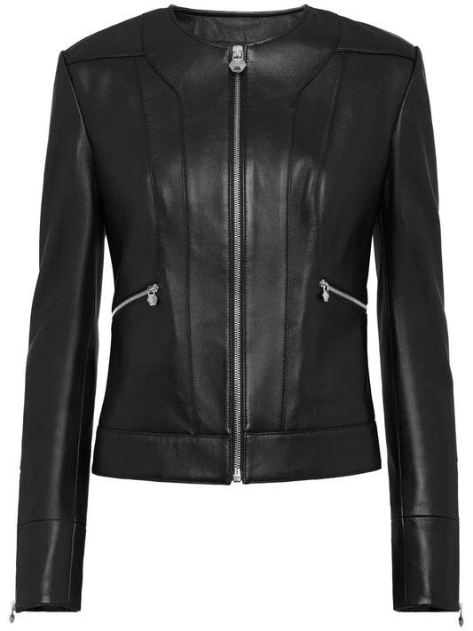 Stylish leather outerwear coat zipper jacket for women