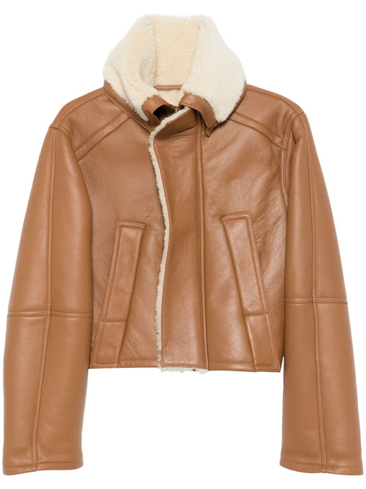 Women's brown Leather Jacket with Fur Collar Classic & Stylish