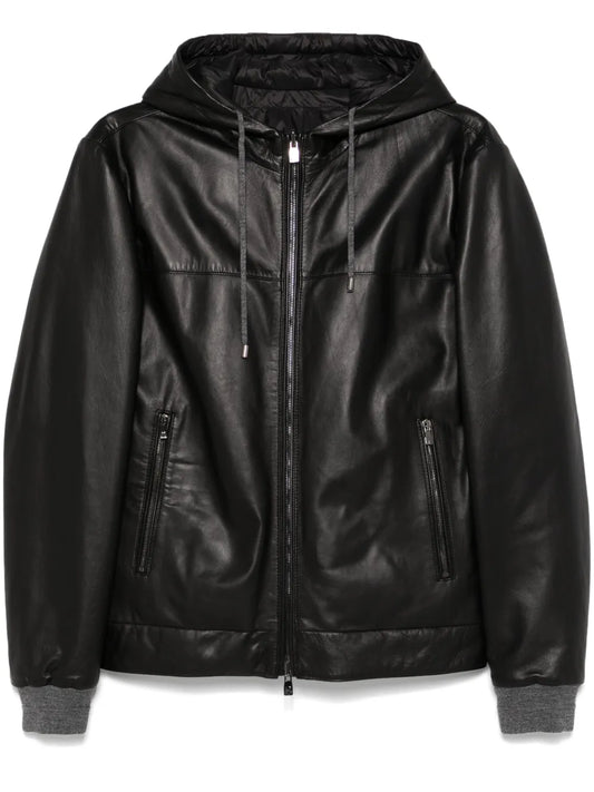 Men’s Black Sheepskin Hooded Leather Jacket