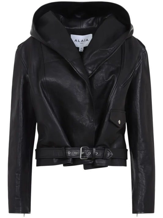 Black Leather Jacket with Removable Hood for Women