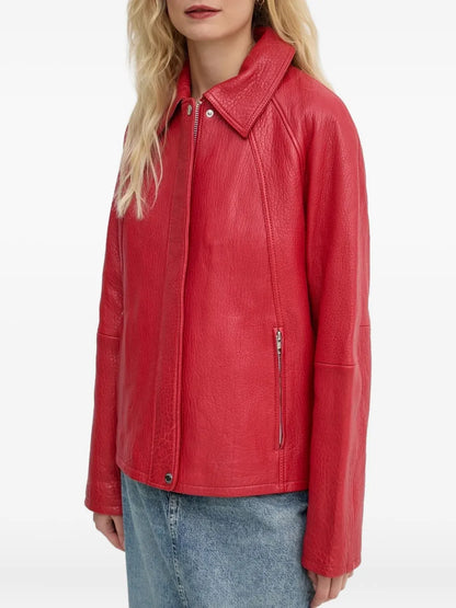 Genuine Leather Zip-Front Jacket – Elegant Outerwear for Women