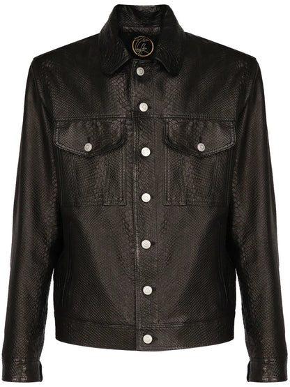 Classic Black Button-Down Leather Jacket For Men