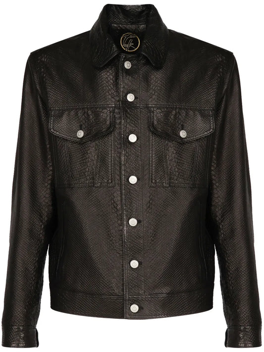 Classic Black Button-Down Leather Jacket For Men