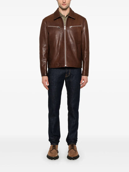Stylish Zip-Up Leather Jacket For Men with Front Flap Pockets