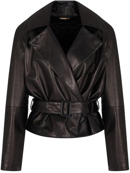 Women's Classic Style Black Belted Leather Jacket