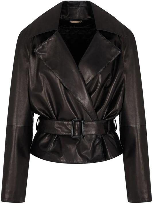 Women's Classic Style Black Belted Leather Jacket
