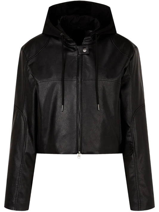 Trendy Black Hooded Leather Jacket with Front Zip