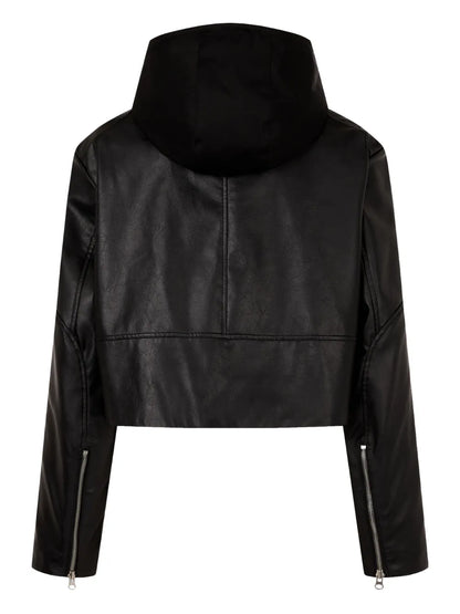 Trendy Black Hooded Leather Jacket with Front Zip