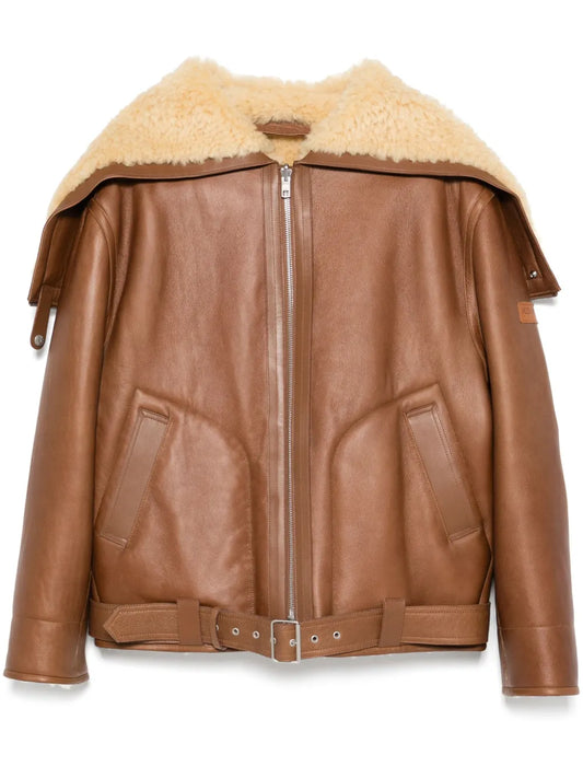 Brown hooded leather jacket for cold weather