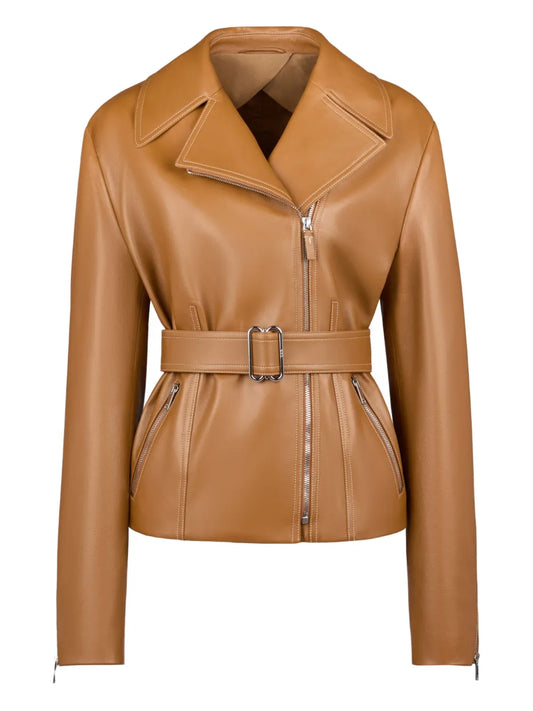 Trendy Women’s Leather Jacket with Belted Waist