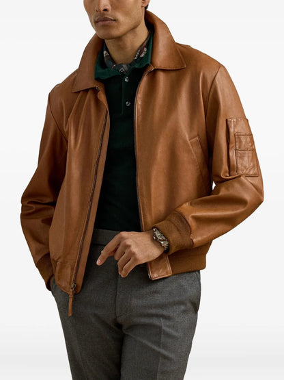 Luxury Brown Leather Bomber Jacket for Men