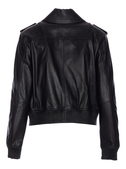 Classic Flap-Pocket Black Leather Jacket For Women