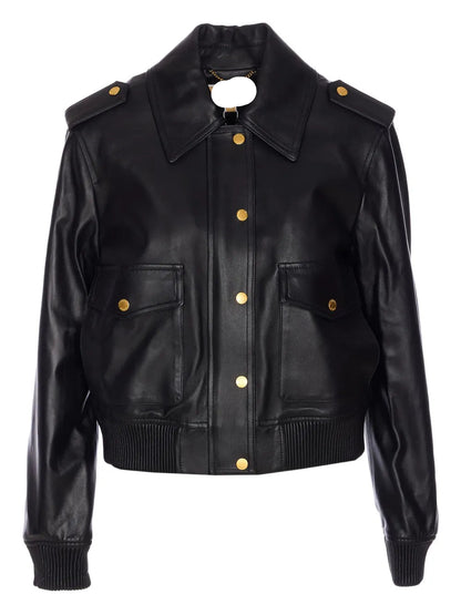 Classic Flap-Pocket Black Leather Jacket For Women