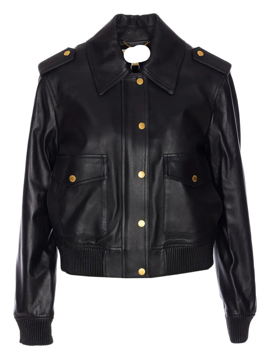 Classic Flap-Pocket Black Leather Jacket For Women