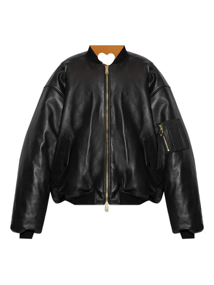 Men’s Zip-Up Leather Flight Bomber Jacket