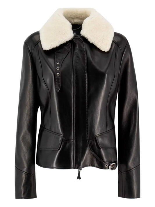 Slim Fit Leather Jacket with Shearling Collar