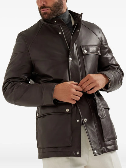 Classic Belted Leather Biker Jacket For Men