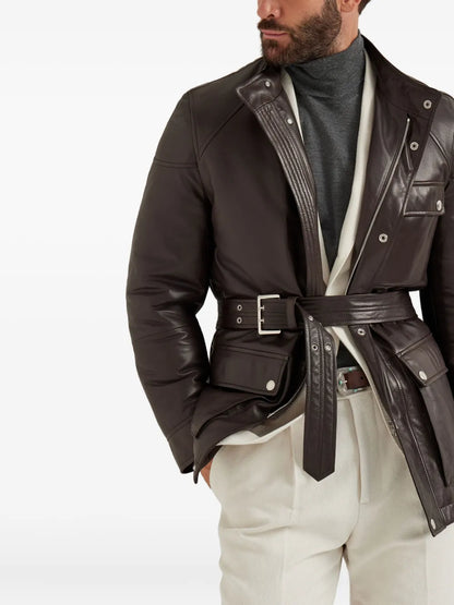 Classic Belted Leather Biker Jacket For Men