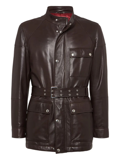 Classic Belted Leather Biker Jacket For Men
