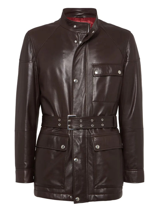 Classic Belted Leather Biker Jacket For Men