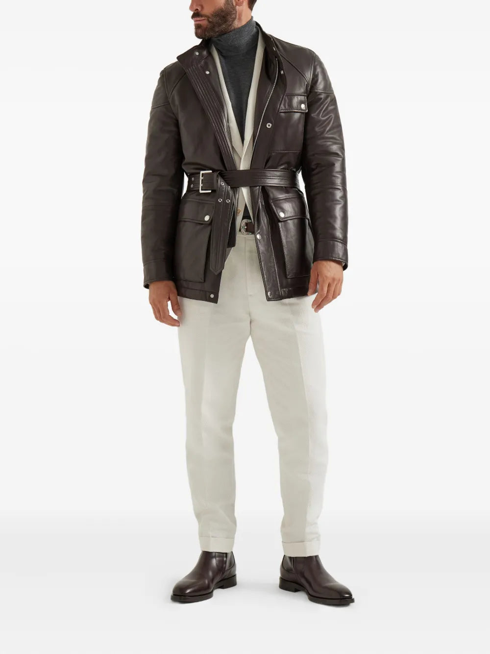 Classic Belted Leather Biker Jacket For Men