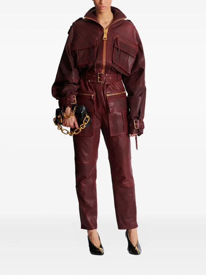 Brown Sheepskin Leather Jacket with Belted Waist