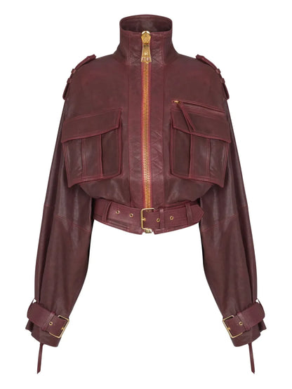Brown Sheepskin Leather Jacket with Belted Waist