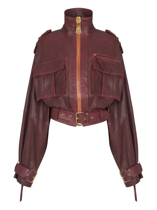 Brown Sheepskin Leather Jacket with Belted Waist