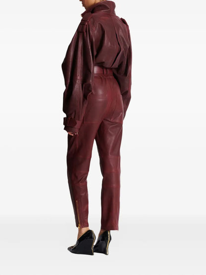 Brown Sheepskin Leather Jacket with Belted Waist