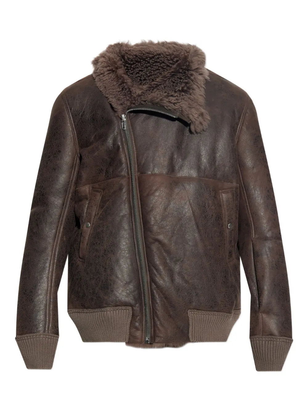 Men’s Shearling Collar Leather Jacket with Front Zip – Classic Winter Outerwear