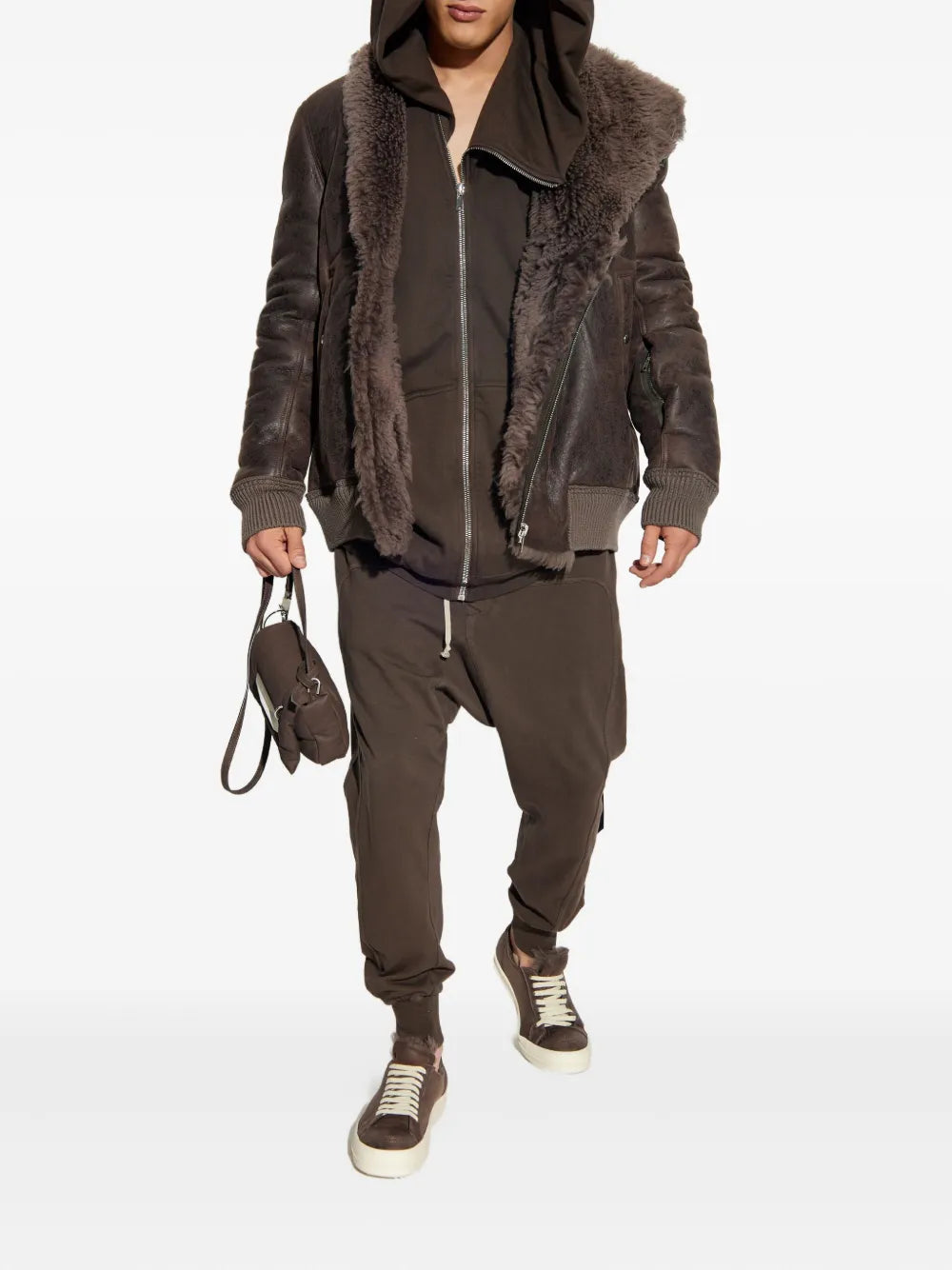 Men’s Shearling Collar Leather Jacket with Front Zip – Classic Winter Outerwear