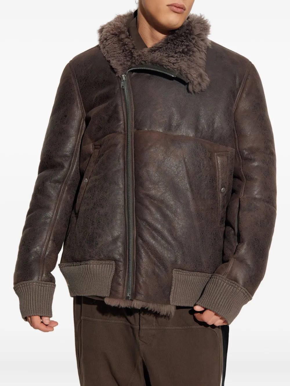 Men’s Shearling Collar Leather Jacket with Front Zip – Classic Winter Outerwear